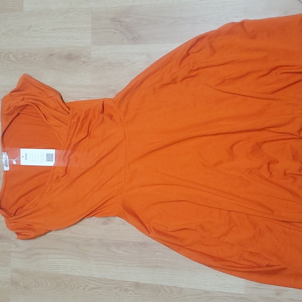 Missky Summer Dress, Crossover Top with Ruching, Orange, Midi, Size Small